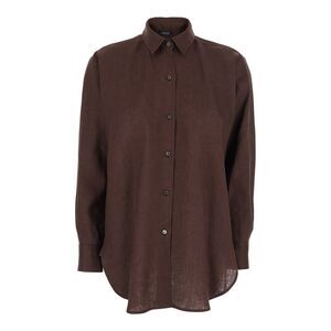 Plain Women Brown Shirt With Classic Collar And Button Fastening In Linen Woman